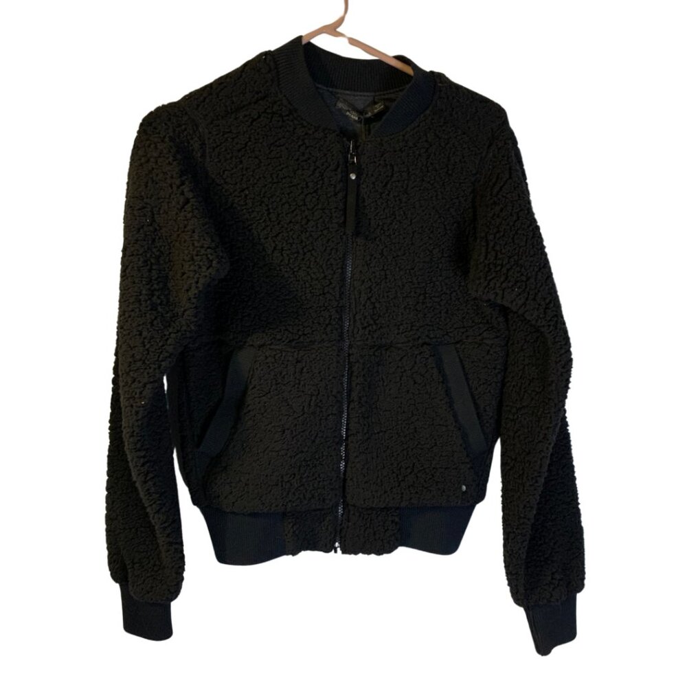 Prana Women's Polar Escape Bomber Jacket Sz XS NEW Black Minimalist Teddy Sherpa